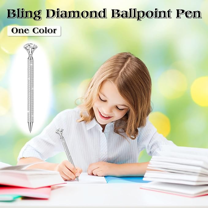 Jeyiour 6 Pcs Big Diamond Pens with Crystal Bling Rhinestone Metal Glitter Diamond Ballpoint Black Ink Pens Wedding Bridal Shower Favors for Birthday Gift Supplies(Silver)