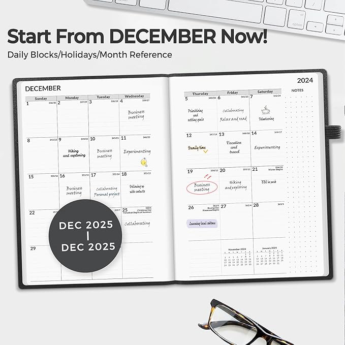 SUNEE 2025 Weekly & Monthly Hardcover Planner 5.5" x 8.3" - 12 Month (January 2025 - December 2025), Small Hardcover Planner, Pocket, Notes, 100 GSM Paper, Black