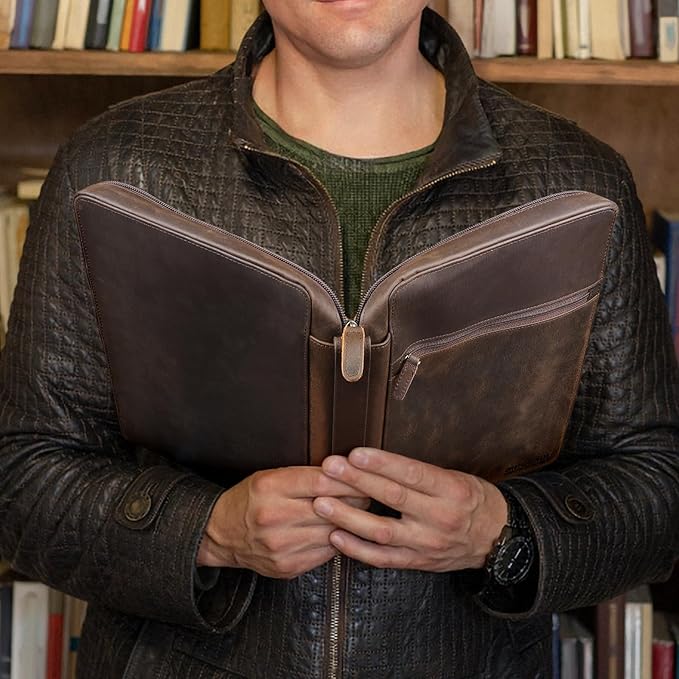 Polare Full Grain Leather Bible Cover Church Bag Bible Protective Book Holder Carrying Case Folder Organizer Portfolio, Dark Brown