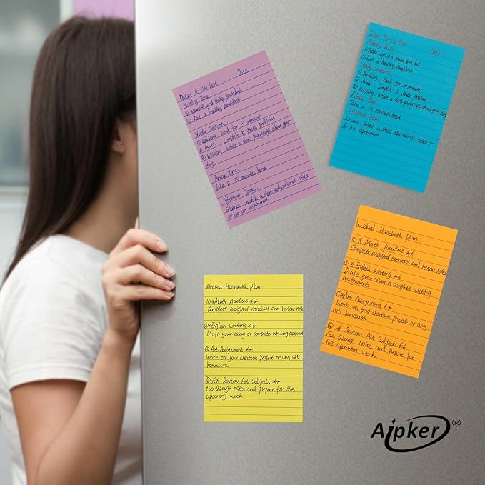 Upgraded 6 Color Lined Sticky Notes & Index Tabs Set, Bright Color Strong Adhesive 4x6 Inch Sticky Note Pads with Lines and Index Strips for Office Study Book (45 Sheets/Pad, 12 Pads)