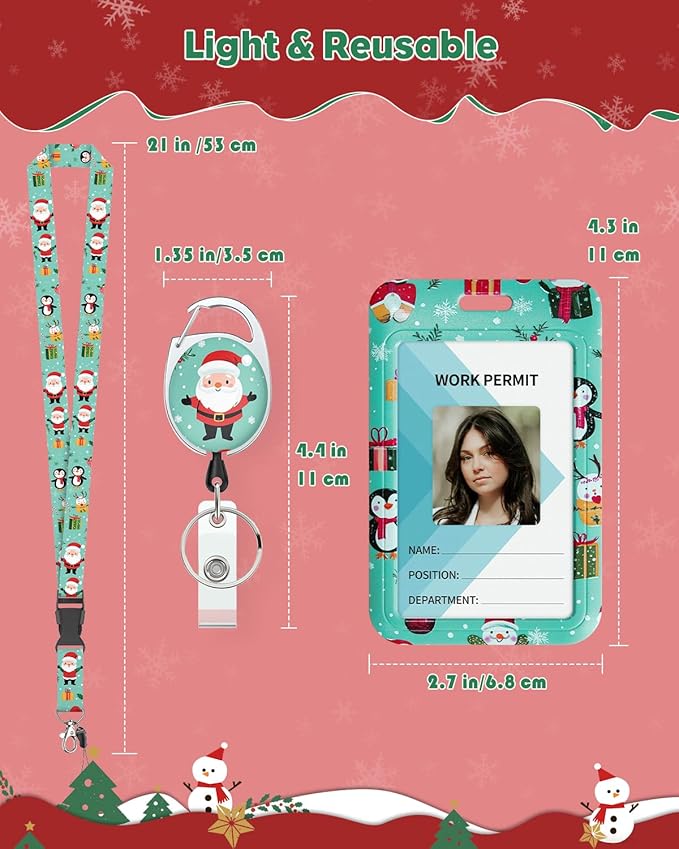 Uniclife 2 Pack Christmas Sliding Badge Holder Hard ID Card Holder with Cartoon Santa Claus & Snowman Patterns Vertical Card Protector with Retractable Badge Reel Carabiner & Detachable Lanyard Strap