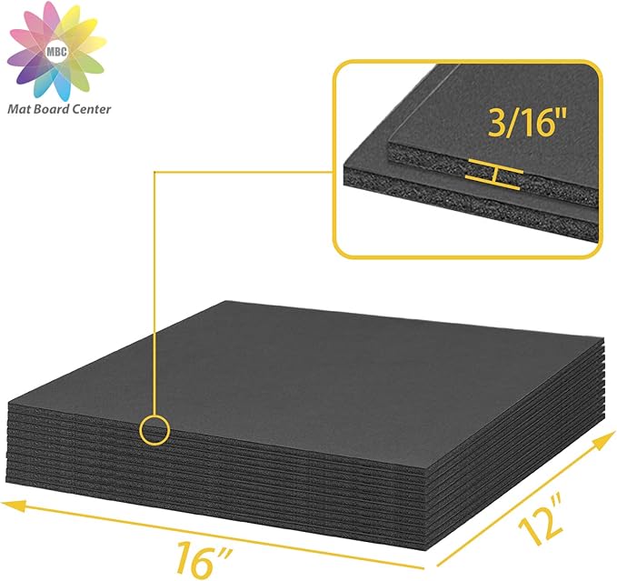 Mat Board Center, Pack of 10 Acid-Free Foam Boards, 12x16 inch Black Foam Boards, 3/16" Thick