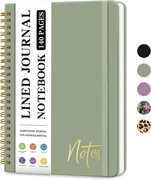 Lined Spiral Journal Notebook for Women, A5 College Ruled Journals for Writing, Hardcover Notebooks for Work, Note taking and Office School Supplies,140 Pages - Green