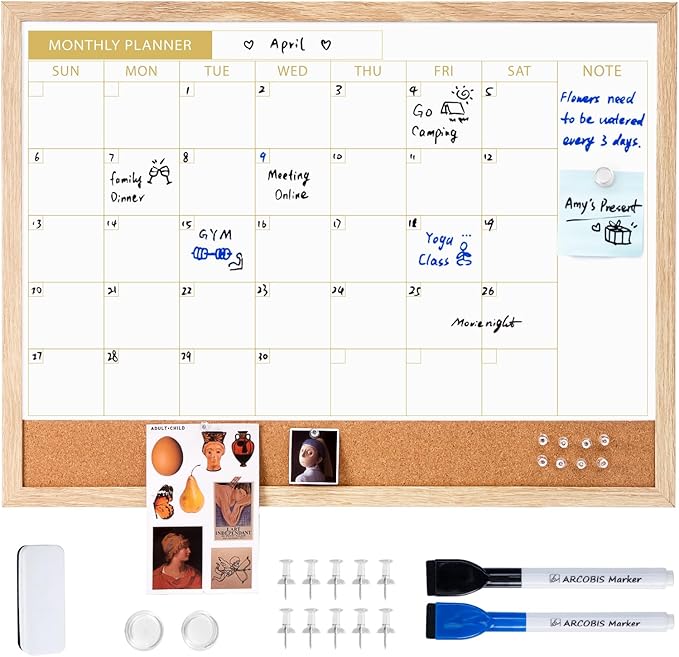 ARCOBIS White Board Calendar with Cork Board, 24x18 Inch Wood Frame Bulletin Board for Wall, Magnetic White Calendar Board with Chalk Markers, Push-Pins and Magnets,Beige