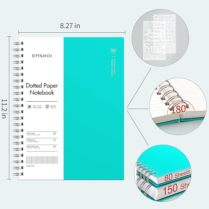 EMSHOI A4 Spiral Notebook Bullet Dotted Journal, 11.2" X 8.27", 300 Pages/150 Sheets, 100gsm Dot Grid Paper, Waterproof Softcover, Twin-Wire Binding, for School Work Writing Note Taking-LightBlue