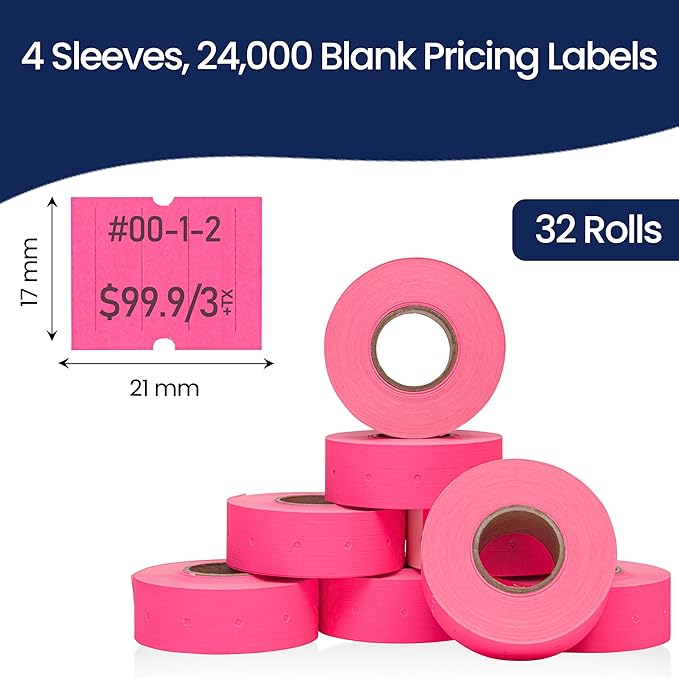 Perco 2 Line Fluorescent Pink Labels - 32 Rolls, 4 Sleeves, 24,000 Blank Price and Date Gun Labels for Perco 2 Line Price and Date Guns - Made in USA