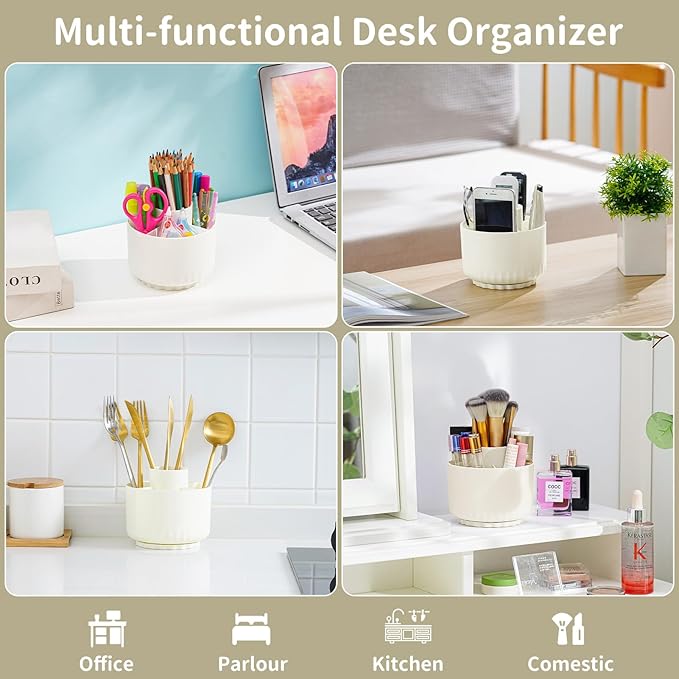Marbrasse Desk Organizer, 360-Degree Rotating Pen Pencil Holder for Desk, Desk Organizers and Accessories with 5 Compartments Pencil Organizer, Art Supply Storage Box Caddy for Office, Home(Beige)