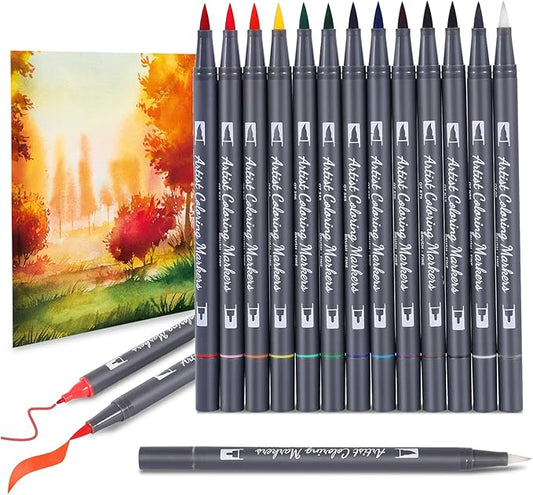 12 Colors Blendable Watercolor Markers,2024 Upgrade Double Tip Paint Pens with 1 Water Brush Pens,Water Based Coloring Makers, Drawing Markers Set with Flexible Brush Tips for Artists and Beginners