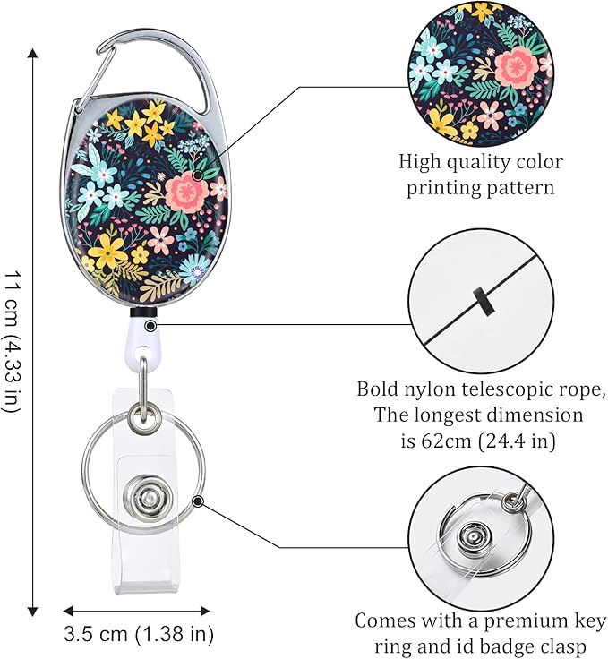 3 Pack Badge Reels Retractable,Double Sided Color Print Pattern Retractable Badge Holders,with Retractable Keychain, Badge Clip and Key Ring,Durable Nylon Retractable Rope