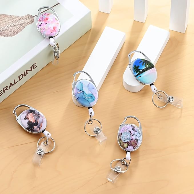 Badge Reels Retractable,Double Sided Color Print Pattern Retractable Badge Holders,with Retractable Keychain, Badge Clip and Key Ring,Durable Nylon Retractable Rope,Green Marble