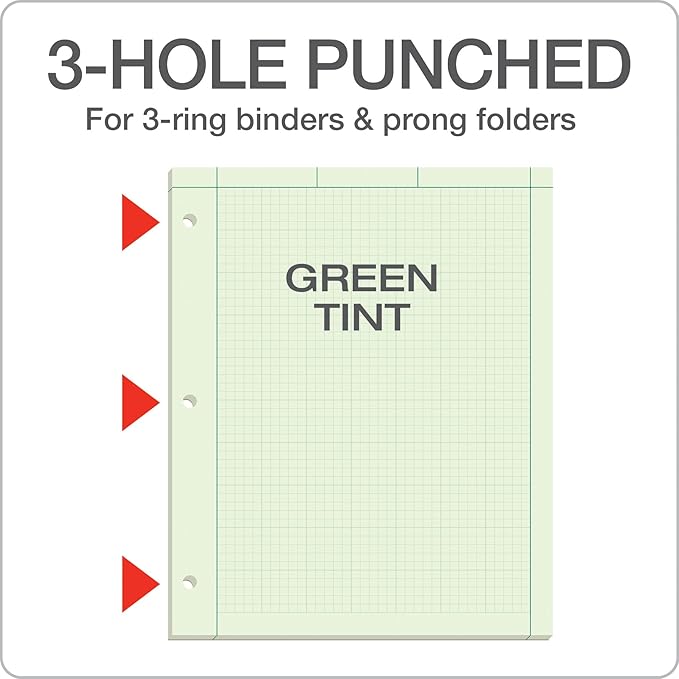 TOPS Engineering Notebooks, Graph Notebooks, 3 Pk Quad Ruled Pad, 8-1/2" x 11", Glue, 5 x 5 Graph Rule on Back, Green Tint Paper, 3-Hole Punched, 100 Sheets per Pad (35507A)