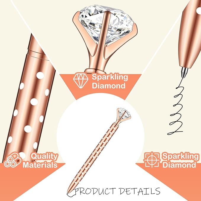 PASISIBICK 4 PCS Diamond Pens Bling Crystal Metal Ballpoint Pen Office Supplies, Rose Gold/Silver/White With Rose Polka Dots/Rose Gold With White Polka Dots, Includes 4 Pen Refills