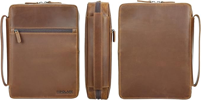 Polare Full Grain Leather Bible Cover Church Bag Bible Protective Book Holder Carrying Case Folder Organizer Portfolio for Men and Women (Light Brown)