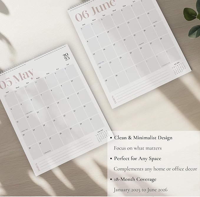 Makaplan Beige & Gray vertical Coil Wall Calendar 2025-18 Month Calendar January 2025 to June 2026, 11x13.5 Inches Sleek Modern Design with Spiral Twin-Wire Binding