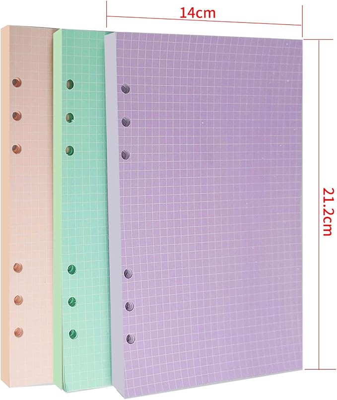 Chris.W A5 Refills Paper, 3 Pack 40 Sheets A5 Colorful Grid Binder Paper, 3 Pcs Binder Pockets, 1 Page Marker - 6 Hole Notebook Inserts for 6 Ring Refillable A5 Binder Notebook Planner