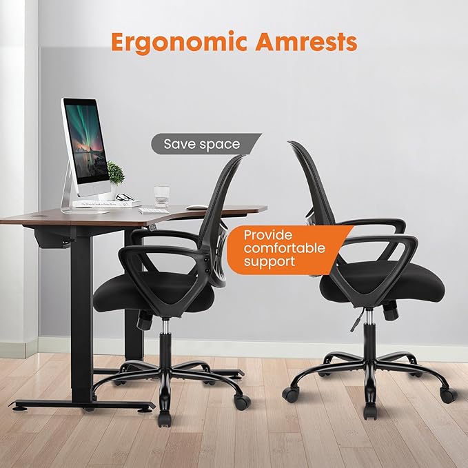 Sweetcrispy Home Office Computer Desk Chair, Ergonomic Managerial Executive Mid-Back Mesh Rolling Work Swivel Chairs with Wheels, Comfortable Lumbar Support, Comfy Arms for Bedroom, Study, Student