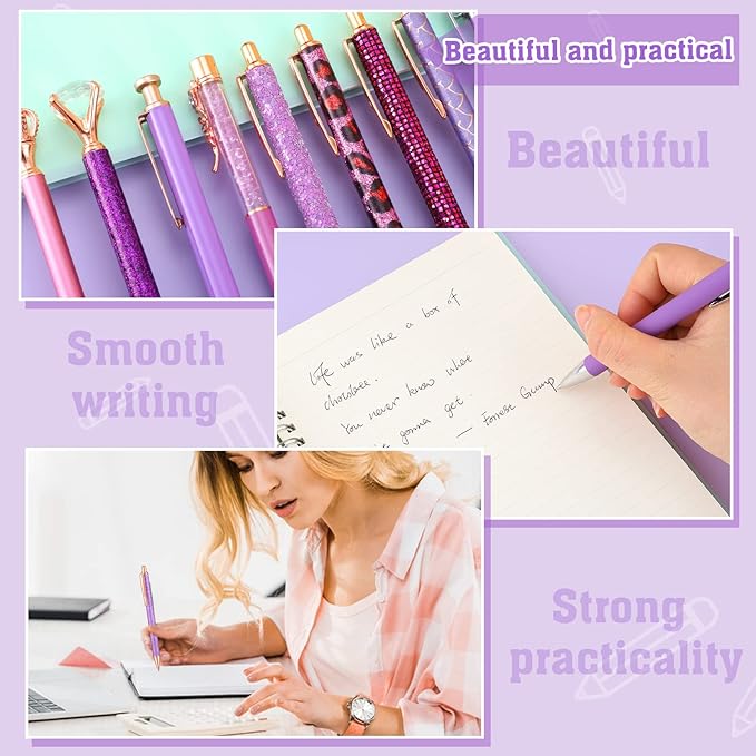 BESARME 12 Pcs Purple Pens Set, Purple Gifts for Women Mother's Day Gifts Crystal Diamond Ballpoint Pens Retractable Glitter Fancy Pens for Journaling Offices Schools