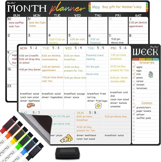 Magnetic Dry Erase Monthly and Weekly Calendar - 17"x12" Monthly and Weekly Whiteboard for Fridge - 6 Extra Fine Point Markers Included - Shipped Flat