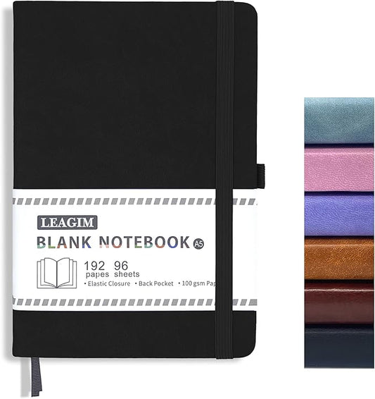 Blank Journal Notebook, A5, 192 Pages 100 GSM Thick Sketch Book for Women Men, Hardcover Leather Unlined Journaling for Work, Notebooks for Writing, 5.8 inches x 8.5 inches (Black)