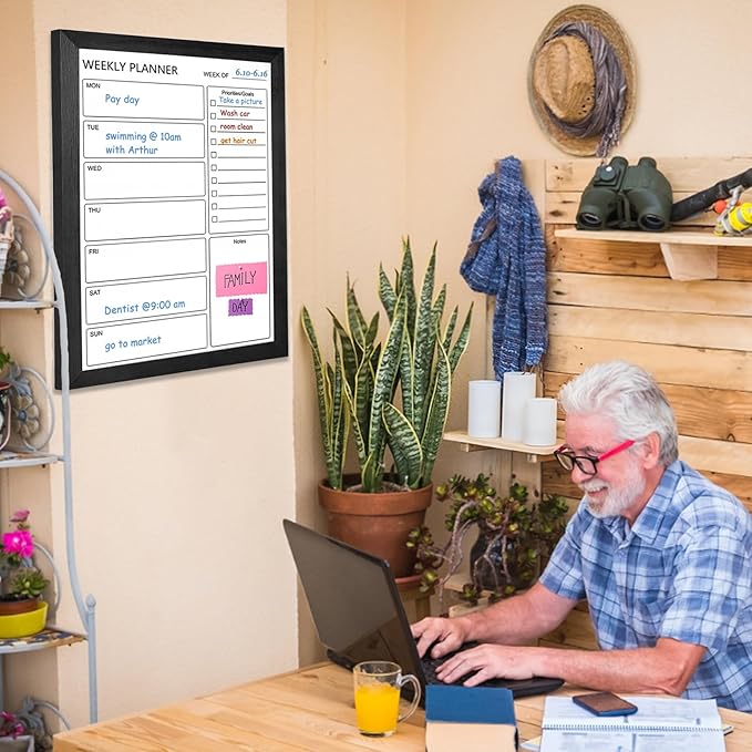 Dry Erase White Board Weekly Calendar Board, Magnetic Whiteboard for Wall,18“x24 Solid Wood Black Framed Message Board, Planner Board for Office, Home, School(Weekly-BB-BK-4560