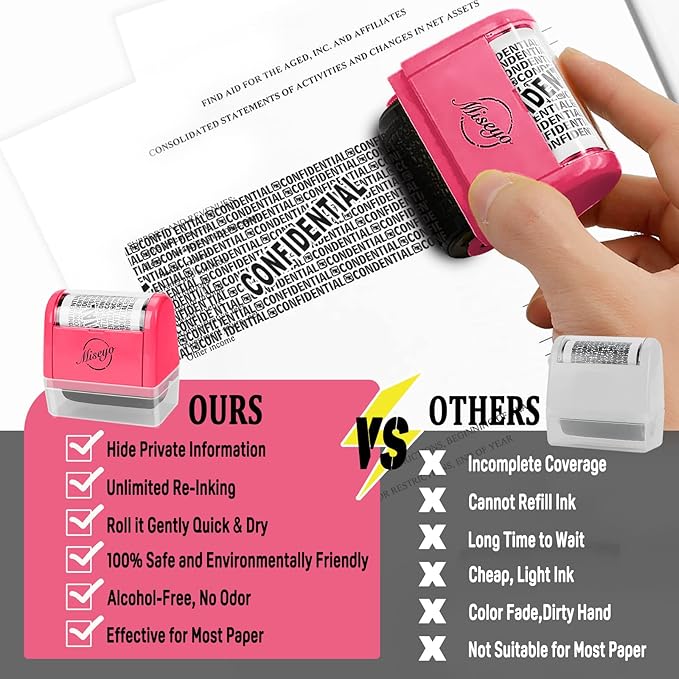 Miseyo Wide Roller Stamp Identity Theft Stamp 1.5 Inch Perfect for Privacy Protection - Peach