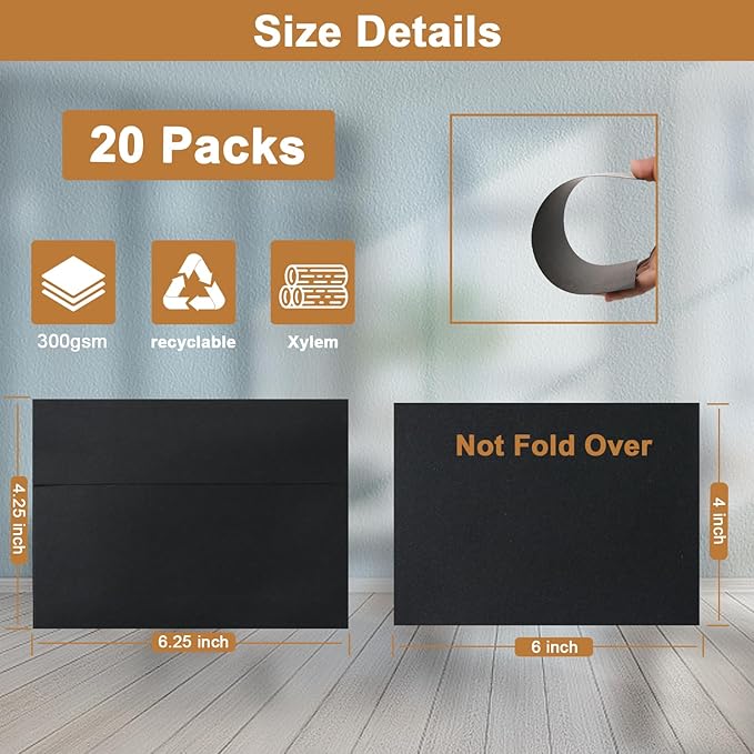 Black Blank Greeting Cards and Envelopes 4 x 6 Heavyweight Flat Cardstock and A4 Envelopes Printable Self Seal 20 Packs for DIY Wedding Invitations, Birthday, Thank You Cards