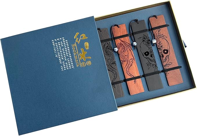 4 Pcs Wooden Bookmark Set, Book Marks for Book Lovers, Unique Bookmarks Gifts for Men Boy (Dragon and Skull)