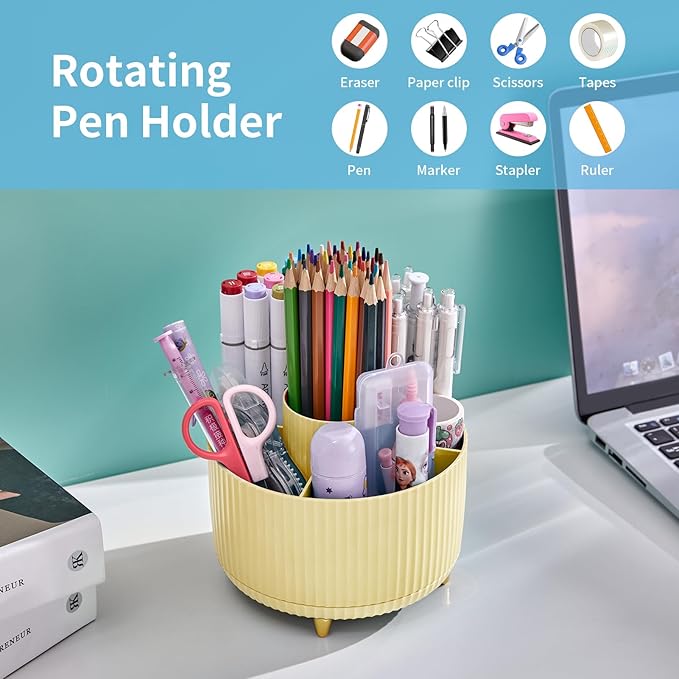 Marbrasse Desk Organizer, 360-Degree Rotating Pen Holder for Desk, Desk Organizers and Accessories with 5 Compartments Pencil Organizer, Art Supply Storage Box Caddy for Office, Home (Yellow)
