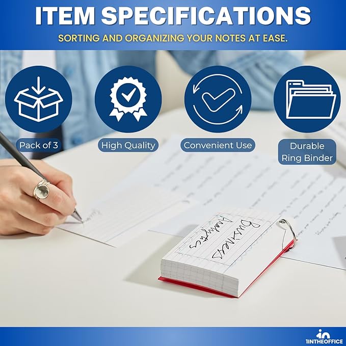 1InTheOffice Index Cards with Ring 3x5, Flash Cards with Binder Ring, Single Hole Punched Notecards, 65 Cards, 3 Pack