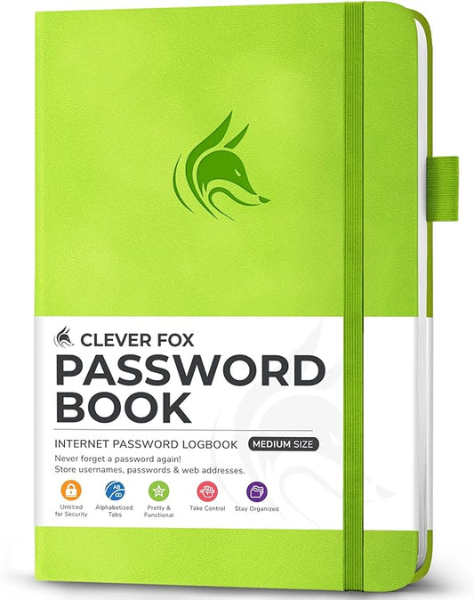 Clever Fox Password Book with Alphabetical tabs. Internet Address Organizer Logbook. Medium Password Keeper for Website Logins (Green)