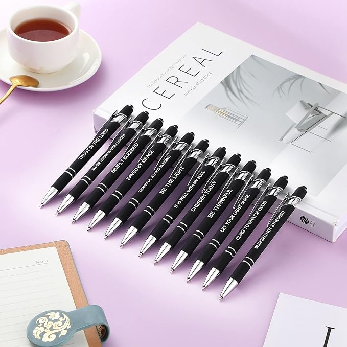 Zonon 12 Pieces Inspirational Pens Bulk Easter Basket Stuffers Motivational Quotes Ballpoint Pens with Stylus Tip Inspirational Gifts for School Office Teachers(Black,Bible Style)