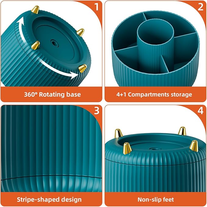 Marbrasse Desk Organizer, 360-Degree Rotating Pen Holder for Desk, Desk Organizers and Accessories with 5 Compartments Pencil Organizer, Art Supply Storage Box Caddy for Office, Home(Green)