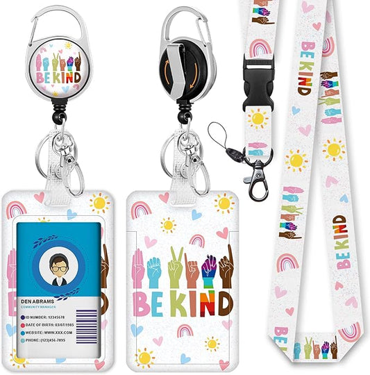Be Kind Lanyards for Id Badges, Cute Hand Sign Badge Reel Heavy Duty with Carabiner Clip, Fashionable ID Badge Holder with Breakaway Lanyard, Teacher Nurse Office Christmas Gifts
