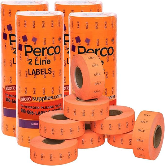 Perco 2 Line Fluorescent Red Sale Labels - 32 Rolls, 4 Sleeves, 24,000 Blank Price and Date Gun Labels for Perco 2 Line Price and Date Guns - Made in USA