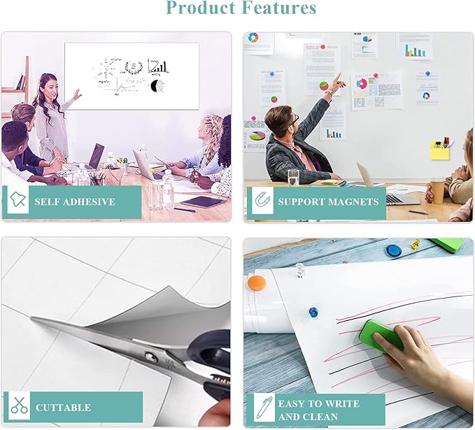 Magnetic Dry Erase Whiteboard Paper, 30" x 40" Self Adhesive Whiteboard for Wall, Easy to Write and Clean Dry Erase Board for Kids, Office, Home, with Marker, Magnetic Eraser and Magnets