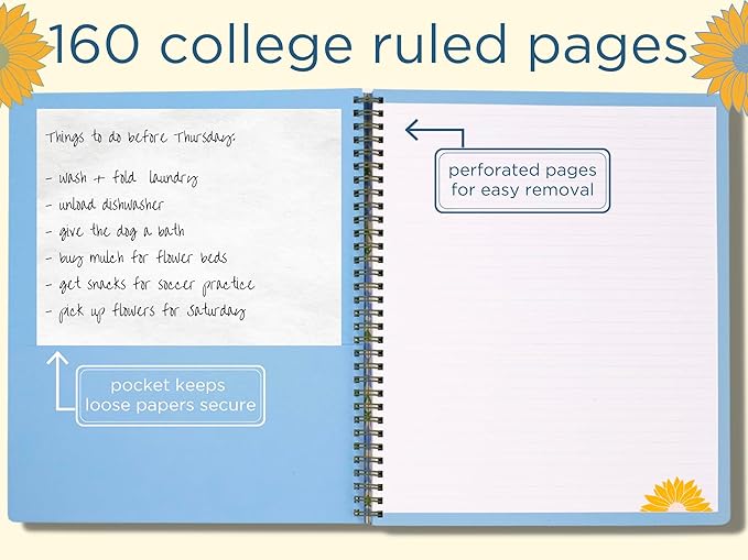 Steel Mill & Co Cute Large Spiral Notebook College Ruled, 11" x 9.5" with Durable Hardcover and 160 Lined Pages (Sunflower)