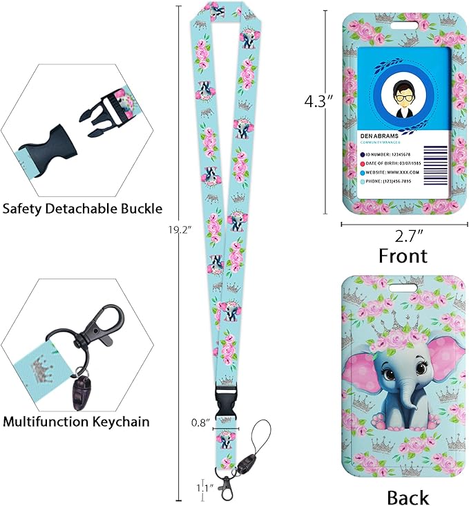 Giancomics Cute Flower Elephant ID Badge Holder with Lanyard, Lanyards for ID Badges with Badge Reel Retractable Heavy Duty, Lanyard with ID Holder Keychain Clip ID Card Holder Teacher Women Work