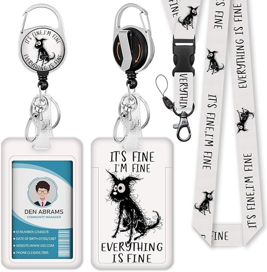 Lanyards for Id Badges, I'm Fine Everything is Fine Badge Holder with Retractable Reel Clip, Funny Dog Name Tag Lanyard Vertical ID Card Protector Case for Women Nurse Doctor Teacher Student