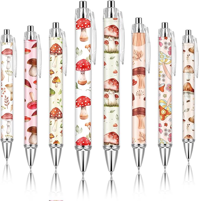 Ireer 8 Pcs Ballpoint Pens for Women 1.00 mm Cute Black Ink Fancy Pens Fine Point Smooth Writing for Journaling Aesthetic Office Supplies(Mushroom)