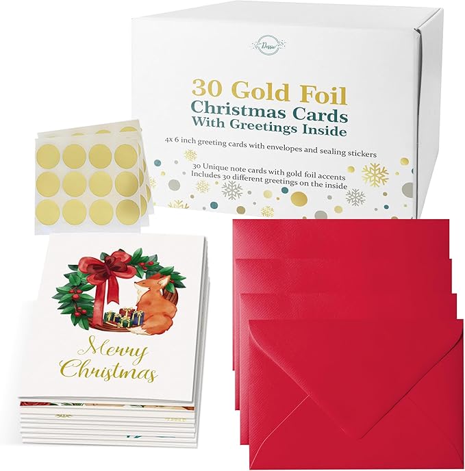 Dessie 30 Unique Christmas Cards with Envelopes 4x6 and Gold Sealing Stickers. Short Greetings Inside. Boxed Christmas Cards and Happy Holiday Greeting Cards Set.