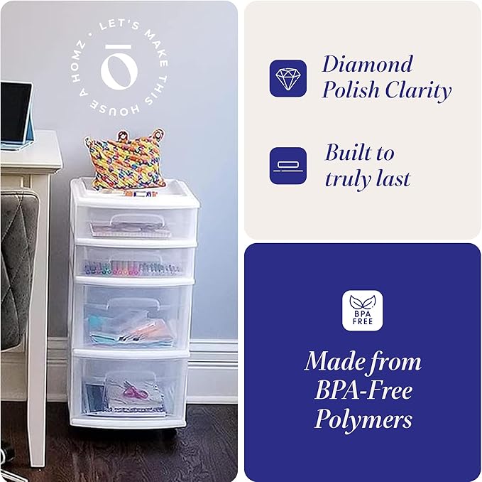 Homz Clear Plastic 4 Drawer Medium Home Storage Container Tower w/2 Large and 2 Small Drawers, and Removeable Caster Wheels, White Frame (2 Pack)