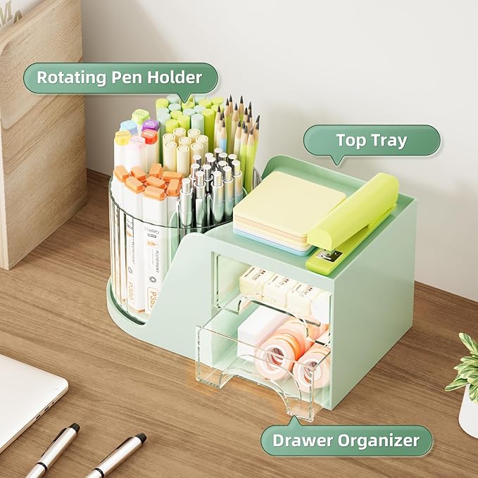 Marbrasse Desk Organizer with 2 Drawer, 360°Rotating Pen Holder for Desk, Desk Organizers and Accessories with 6 Slots Pencil Organizer + 2 Drawer, Art Supply Storage Box Caddy for Office (Green)