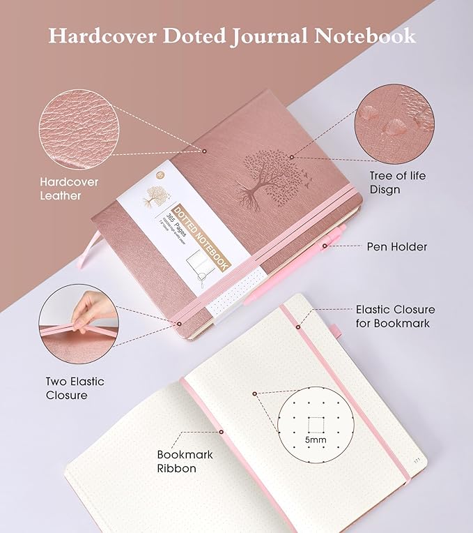 Dotted Journal Notebook, 360 Numbered Pages Bullet Dot Grid Journals, 100gsm Dot Paper Thick Hardcover Leather Journal for Writing Women Men, B5 Big Dotted Grid Notebooks 7.6'' X 10'' Pink