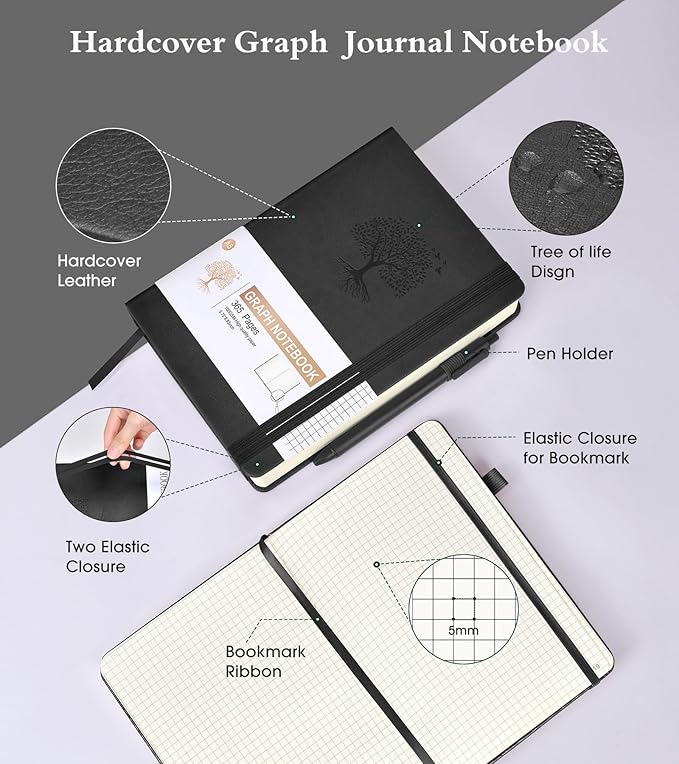 Graph Paper Notebook Journal,360 Numbered Pages Grid Notebooks,Thick 100gsm Graphing Paper Notebook Journal for Writing Women Men, A5 Large Hardcover Leather Graph Notebook 5.75''× 8.38''Black