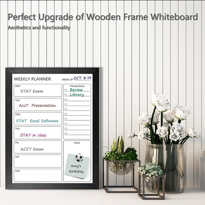 Dry Erase White Board Weekly Calendar Board, Magnetic Whiteboard for Wall,13“x17 Solid Wood Black Framed Message Board, Planner Board for Office, Home, School(Weekly-BB-BK-3343