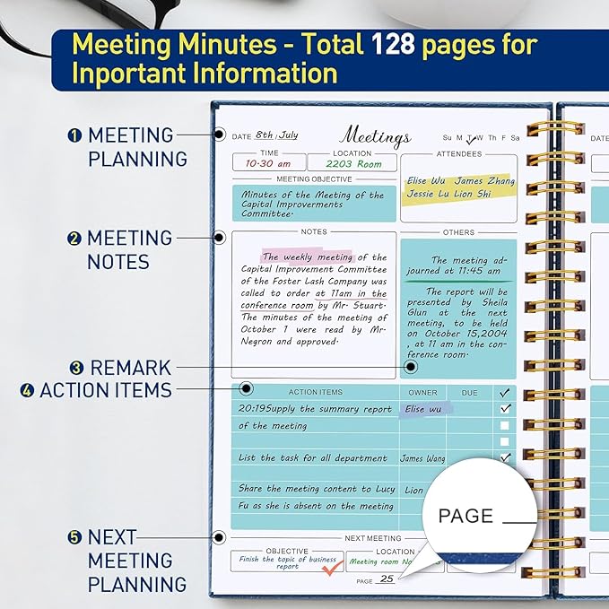 Meeting Notebook for Work Organization - 144 Pages Meeting Planner Notebook to Manage Projects, 5.8" x 8.5" Spiral Planner Notebook for Women & Men to Take Notes at Office-Blue