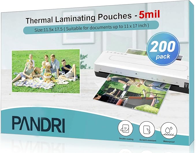 Laminating Sheets, PANDRI 200 Pack 5 Mil Thermal Laminating Pouches Holds 11 x 17 Inch, Plastic Laminator Paper 11.5 x 17.5 Inch, Clear Round Corner
