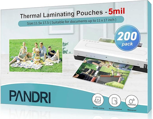 Laminating Sheets, PANDRI 200 Pack 5 Mil Thermal Laminating Pouches Holds 11 x 17 Inch, Plastic Laminator Paper 11.5 x 17.5 Inch, Clear Round Corner