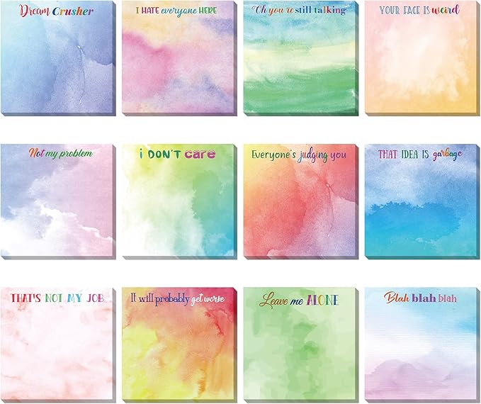 12 Pieces Snarky Office Sticky Notes Funny Note Pads Work Sucks Complaining Quotes Vibrant Negative Passive Office Notepads Adhesive Memo Pad for Colleague Supplies, 3 x 3 Inch(Lovely Style)
