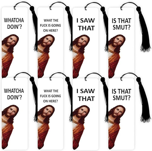 8 Pack Peeking Jesus Bookmark, Peeking Jesus is That Smut Bookmark, Peeking Jesus I Saw That Bookmark, Whatcha Doin'? (Black)
